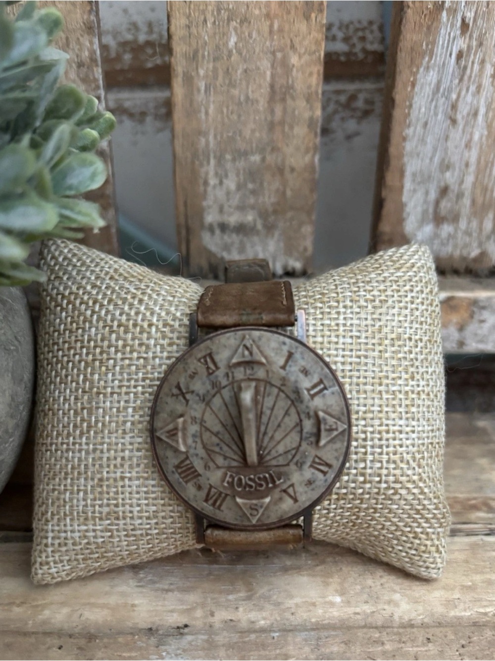 VTG FOSSIL Sundial Wrist Watch LeatherBand Stone Non-movement